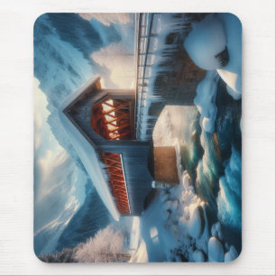 Winter, snow covered bridge & river mouse mat
