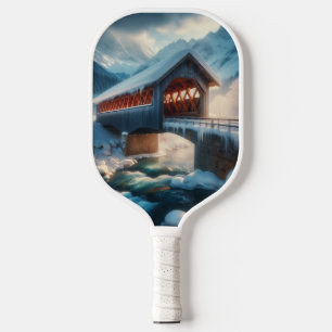 Winter, snow covered bridge & river pickleball paddle
