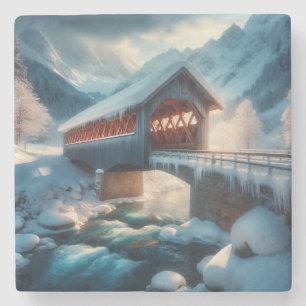 Winter, snow covered bridge & river stone coaster