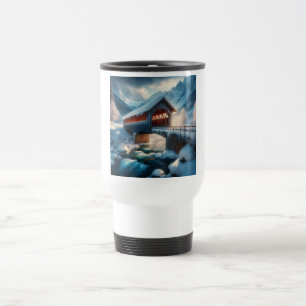 Winter, snow covered bridge & river travel mug