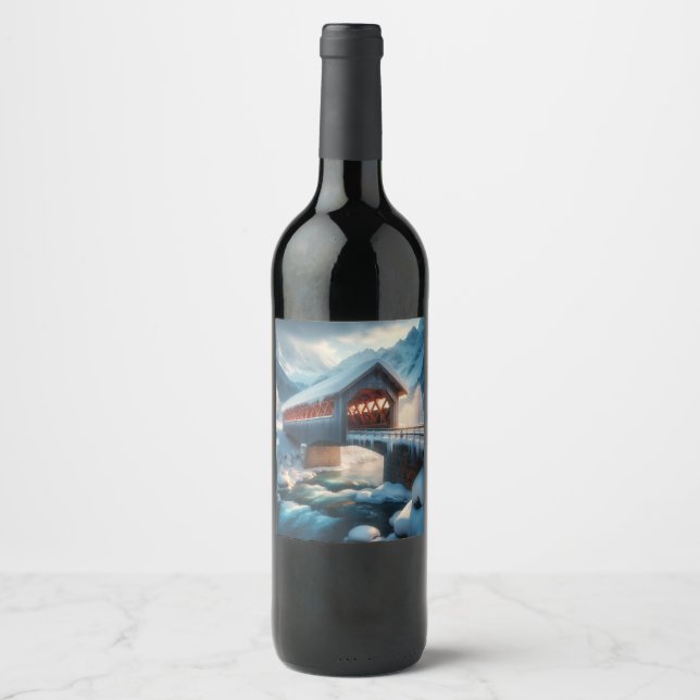 Winter, snow covered bridge & river wine label (Front)