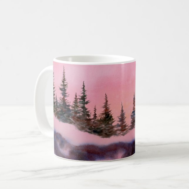 Winter snow covered pine branches pink sunrise coffee mug (Front Left)