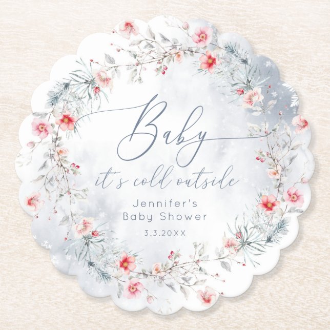 Winter snow dusty blue Berry wreath baby shower Paper Coaster (Front)