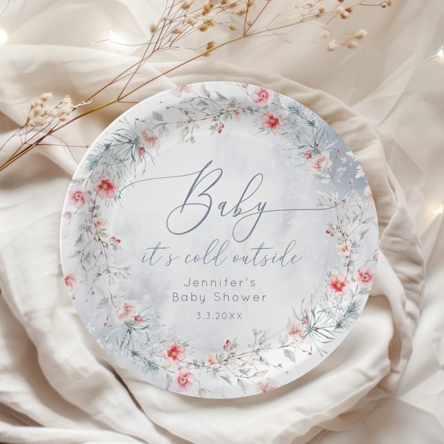 Winter snow dusty blue wreath baby shower paper plate (Creator Uploaded)