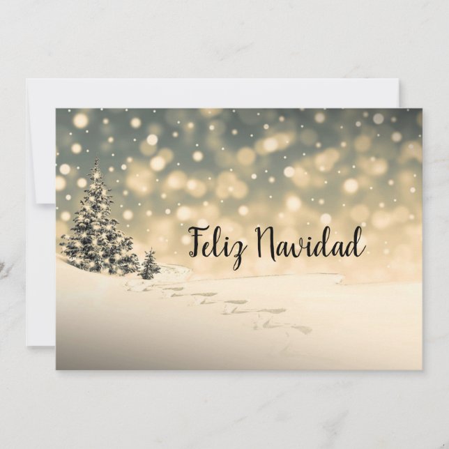 Winter Snow Evergreen Tree Feliz Navidad Card (Front)