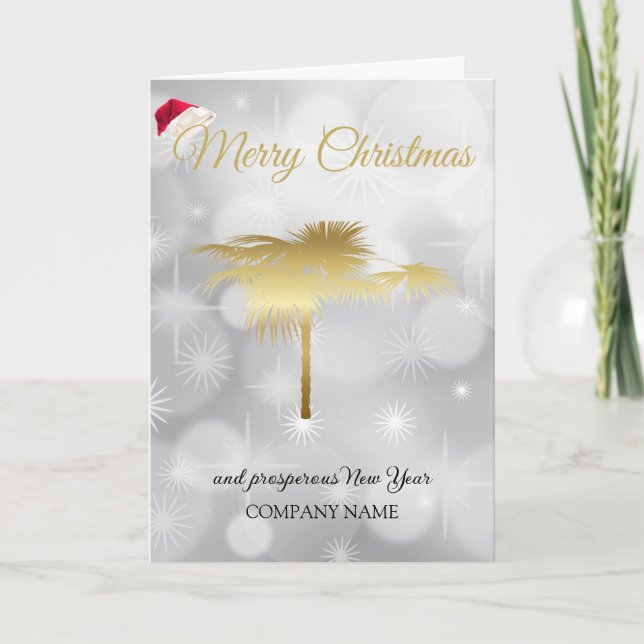 Winter snow festive golden palm tree, Santa's cap  Holiday Card (Front)