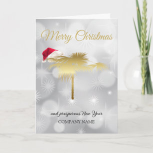 Winter snow festive golden palm tree, Santa's cap Holiday Card