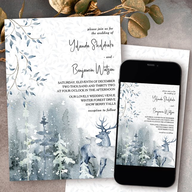 Winter Snow Forest and Deer Dusty Blue Wedding Invitation (Wedding invitation from my Snow Forest Winter Wedding collection)