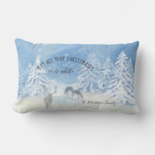 Winter Snow Forest Christmas be White Family Name Lumbar Cushion (Front)