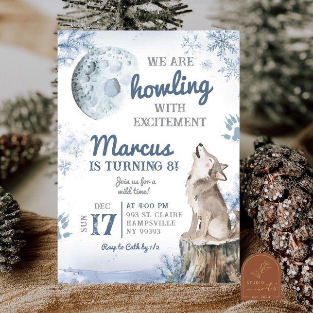 Winter Snow Forest Moon Wolf Howling Birthday Invitation (Creator Uploaded)