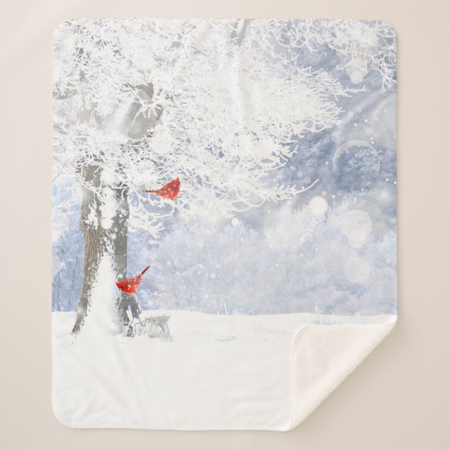 Winter Snow Frost Cardinal Red Birds Nature Art Sherpa Blanket (Front)