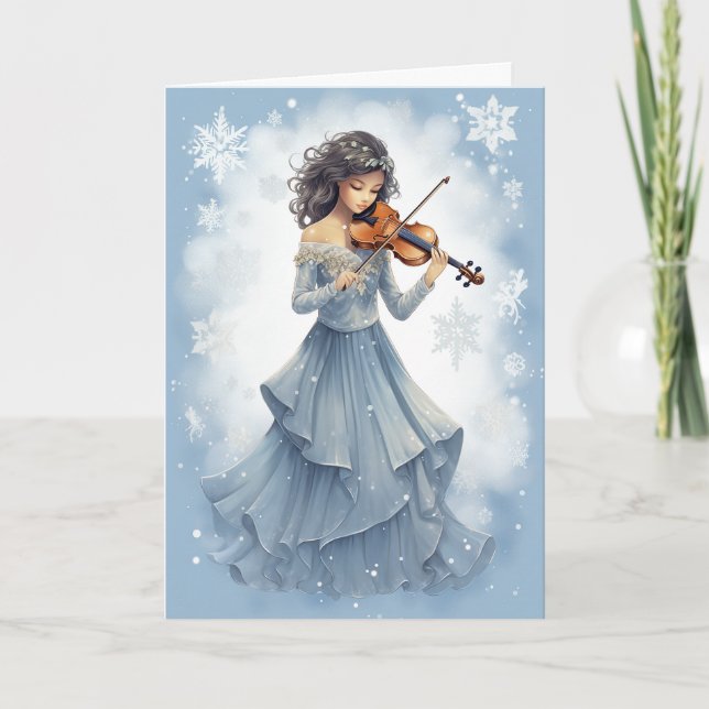 Winter Snow Girl Playing Violin Christmas Music Holiday Card (Front)