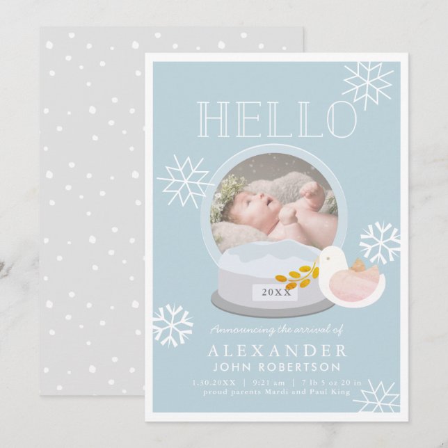 Winter Snow Globe Blue Boy Birth Announcement (Front/Back)