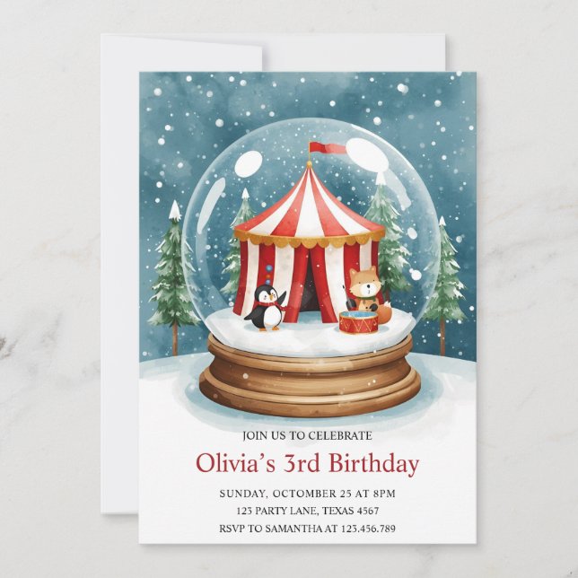 Winter Snow Globe Circus Birthday Invitation (Front)
