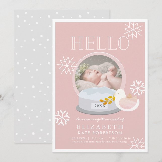 Winter Snow Globe Pink Girl Birth Announcement (Front/Back)