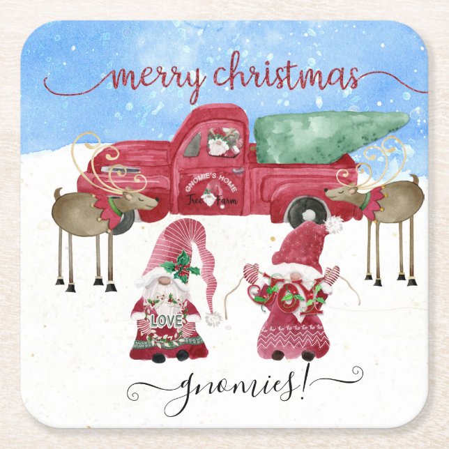 Winter Snow Gnomes Merry Christmas Red Truck Square Paper Coaster (Front)