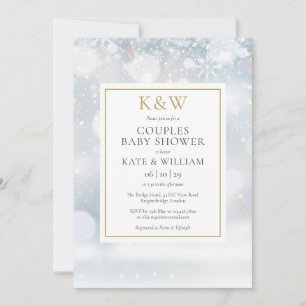 Winter Snow Gold Monogram Couples Baby Shower Invitation
