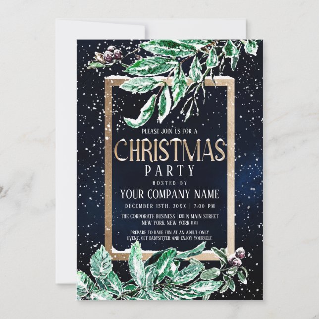 Winter Snow Gold Navy Leaf Corporate Christmas Invitation (Front)