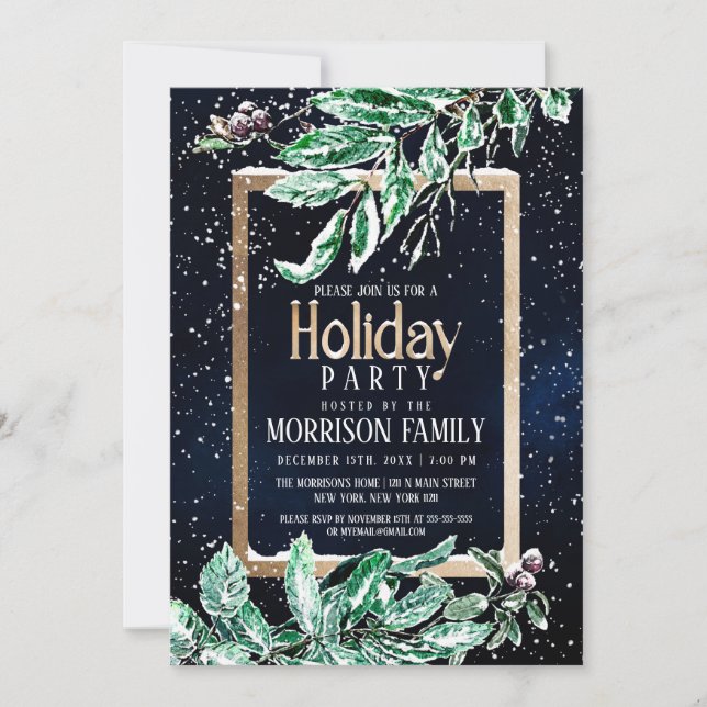 Winter Snow Gold Navy Leaf Watercolor Holiday Invitation (Front)