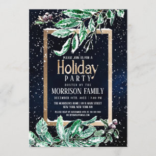 Winter Snow Gold Navy Leaf Watercolor Holiday Invitation