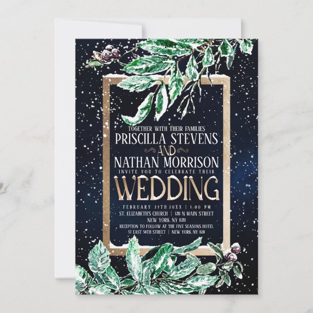 Winter Snow Gold Navy Leaf Watercolor Wedding Invitation (Front)