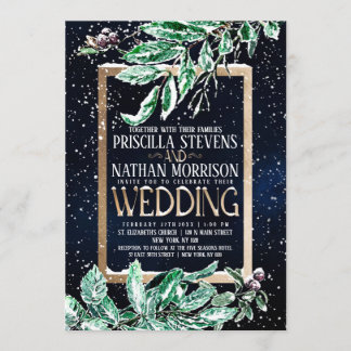 Winter Snow Gold Navy Leaf Watercolor Wedding Invitation