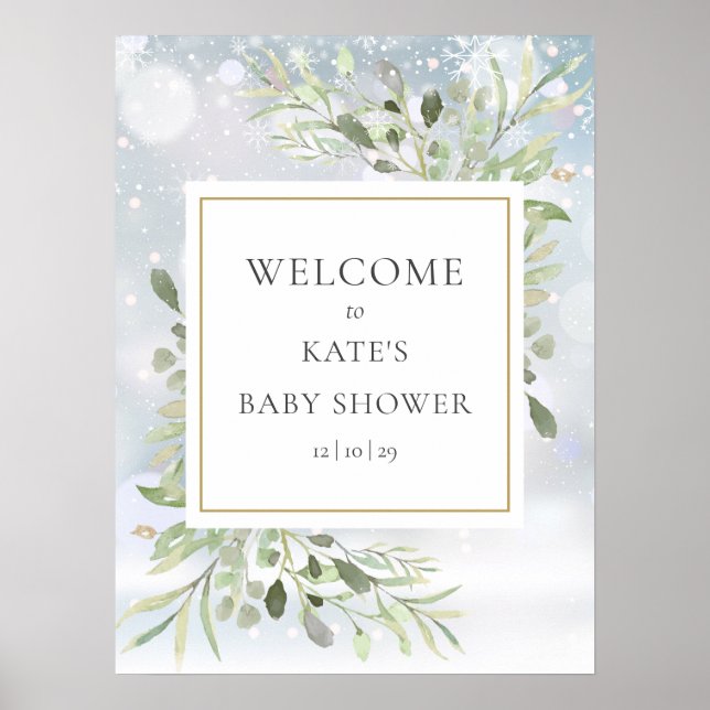 Winter Snow Greenery Baby Shower Welcome Sign (Front)