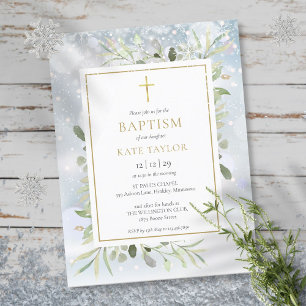 Winter Snow Greenery Baptism Invitation