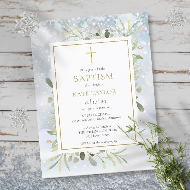 Winter Snow Greenery Baptism Invitation Postcard (Winter Snow Greenery Baptism Invitation)