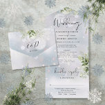 Winter Snow Greenery Floral Details RSVP Wedding All In One Invitation<br><div class="desc">All in one winter wedding invitation featuring botanical greenery floral falling across elegant calligraphy script typography on a winter snowflakes background. The invitation includes additional guest details and a perforated RSVP card that can be individually addressed or left blank for you to handwrite your guest's address details. Designed by Thisisnotme©...</div>