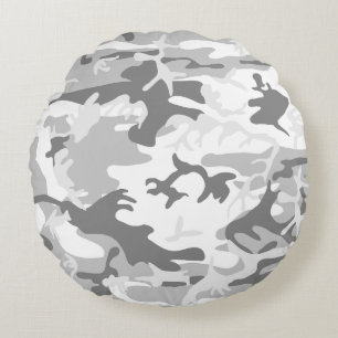 Winter Snow Grey Camouflage, Military, Army Round Cushion