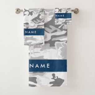 Winter Snow Grey Camouflage Your name Personalise Bath Towel Set