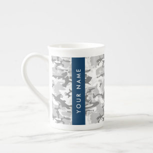 Winter Snow Grey Camouflage Your name Personalise Bone China Mug