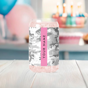 Winter Snow Grey Camouflage Your name Personalise Can Glass