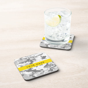 Winter Snow Grey Camouflage Your name Personalise Coaster