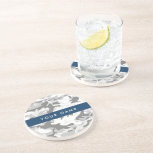 Winter Snow Grey Camouflage Your name Personalise Coaster
