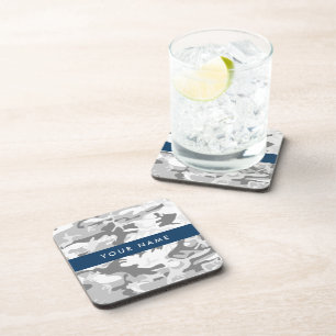 Winter Snow Grey Camouflage Your name Personalise Coaster