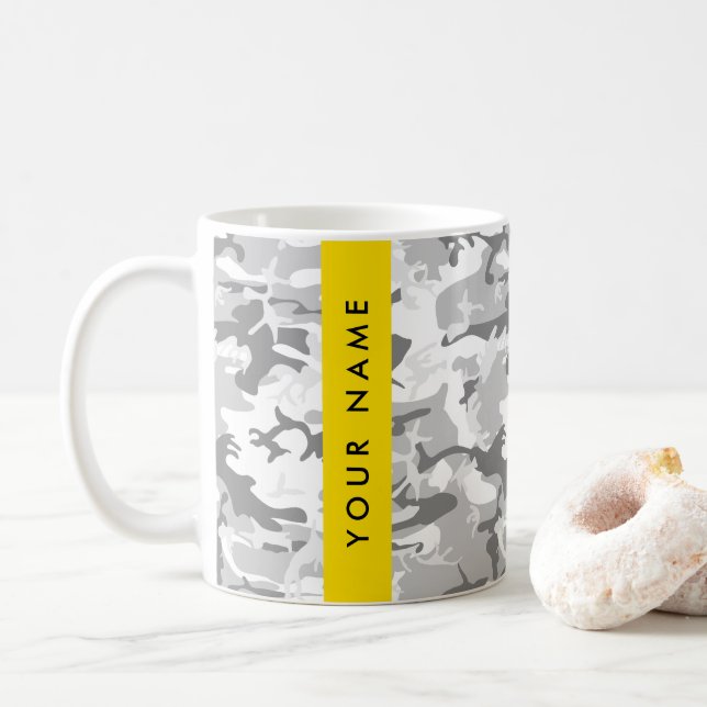 Winter Snow Grey Camouflage Your name Personalise Coffee Mug (With Donut)