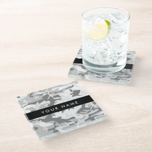 Winter Snow Grey Camouflage Your name Personalise Glass Coaster