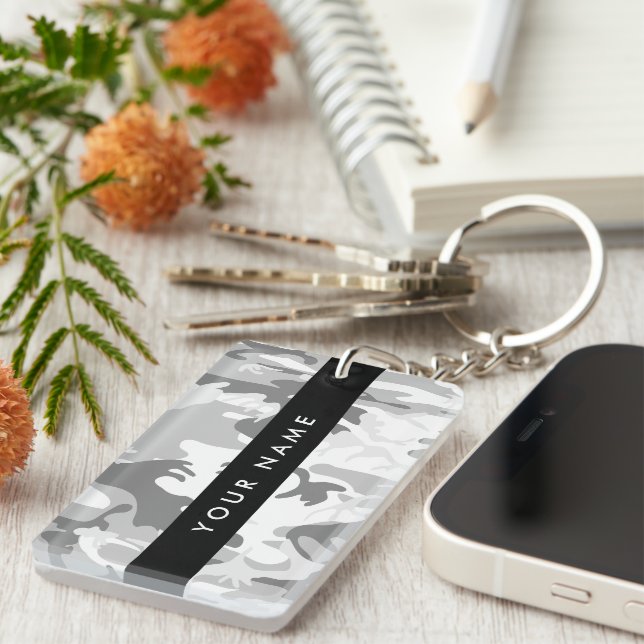 Winter Snow Grey Camouflage Your name Personalise Key Ring (Front Right)