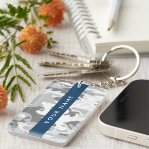 Winter Snow Grey Camouflage Your name Personalise Key Ring