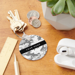 Winter Snow Grey Camouflage Your name Personalise Key Ring