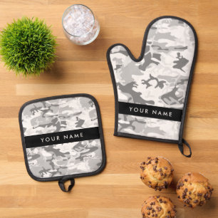 Winter Snow Grey Camouflage Your name Personalise Oven Mitt & Pot Holder Set