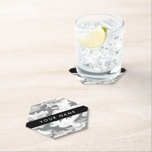 Winter Snow Grey Camouflage Your name Personalise Paper Coaster