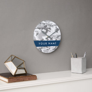 Winter Snow Grey Camouflage Your name Personalise Round Clock
