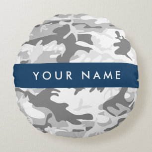 Winter Snow Grey Camouflage Your name Personalise Round Cushion