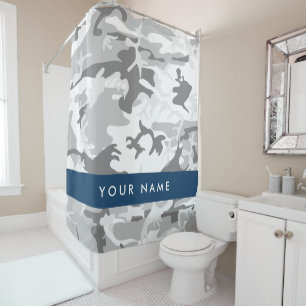 Winter Snow Grey Camouflage Your name Personalise Shower Curtain