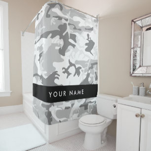 Winter Snow Grey Camouflage Your name Personalise Shower Curtain