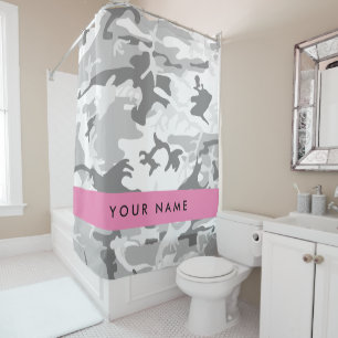 Winter Snow Grey Camouflage Your name Personalise Shower Curtain