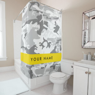 Winter Snow Grey Camouflage Your name Personalise Shower Curtain